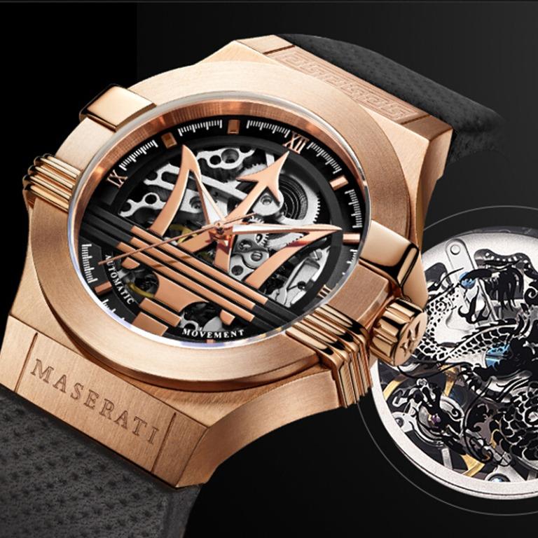 Close-up of Maserati Potenza skeleton dial showing automatic movement and rose gold case