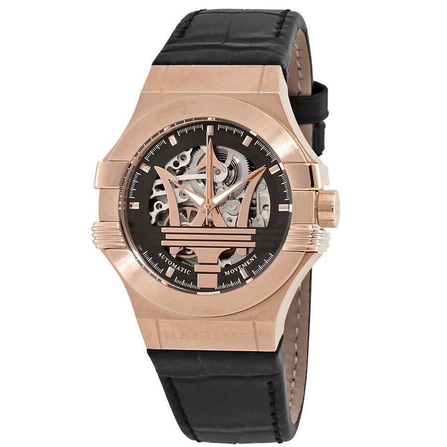 Maserati Potenza rose gold skeleton dial men's watch with black leather strap