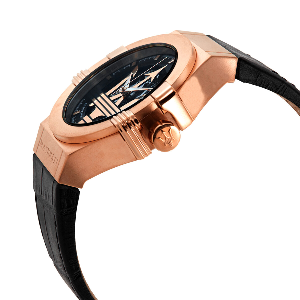 Maserati Potenza watch side angle view showing rose gold case and black leather strap