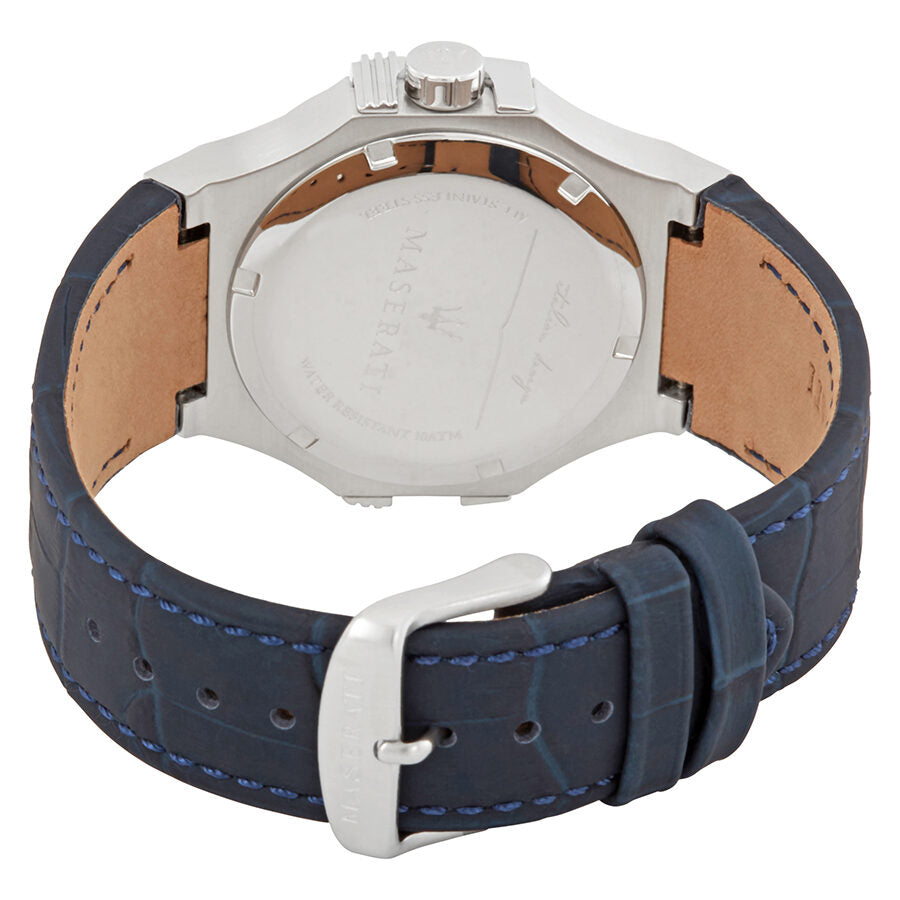 Maserati Potenza watch caseback showing silver case and blue leather strap with tan lining