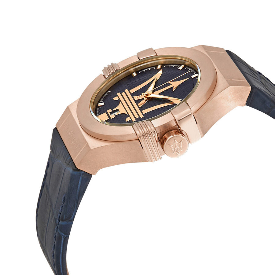 Angled view of Maserati Potenza rose gold watch with blue dial and blue leather strap
