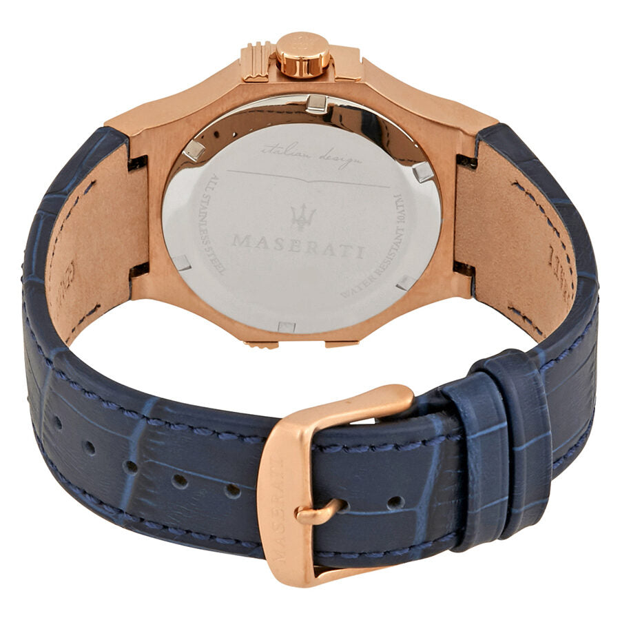 Maserati Potenza caseback showing engraved trident logo and blue leather strap