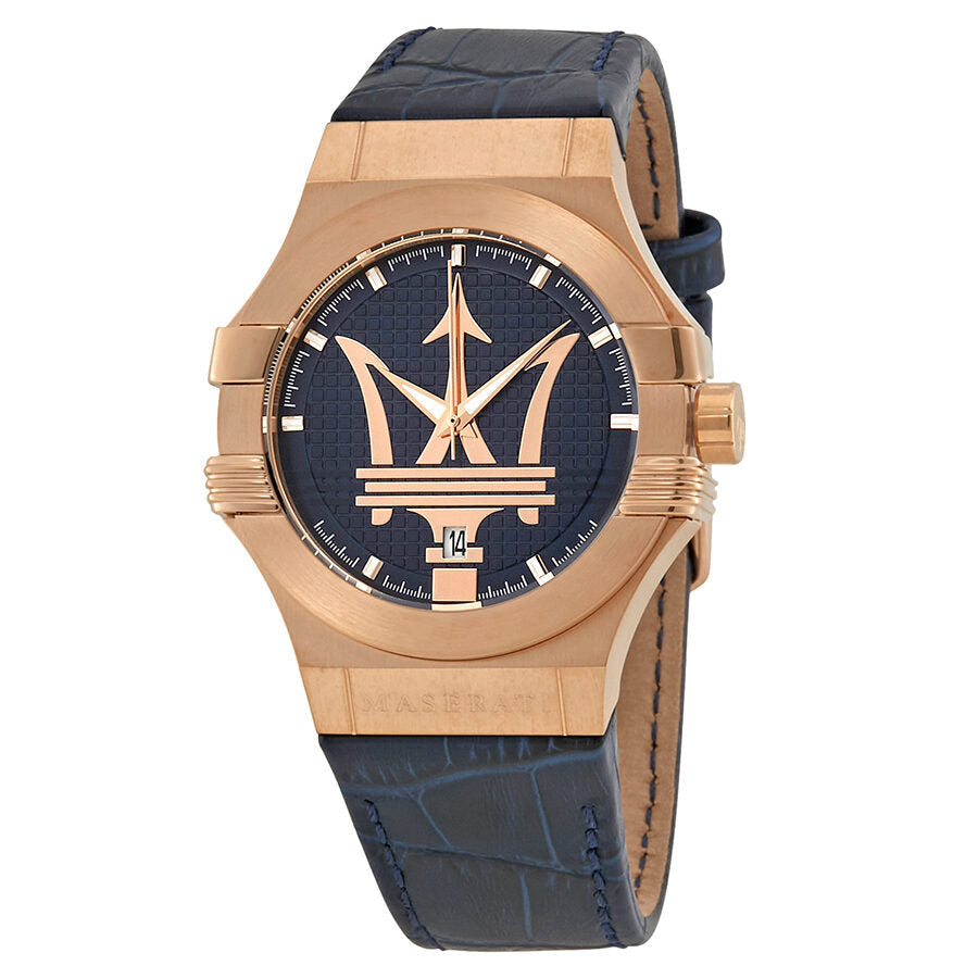 Rose gold Maserati Potenza watch with blue dial, trident logo, and blue leather strap