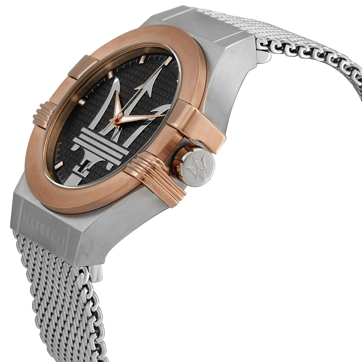 Side angle view of Maserati Potenza watch showing rose gold case, dark dial, and steel mesh strap