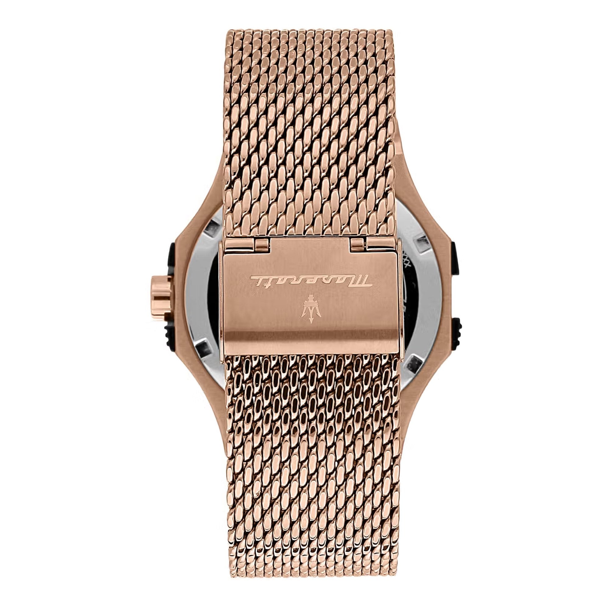 Maserati Potenza watch caseback and mesh bracelet detail with engraved branding