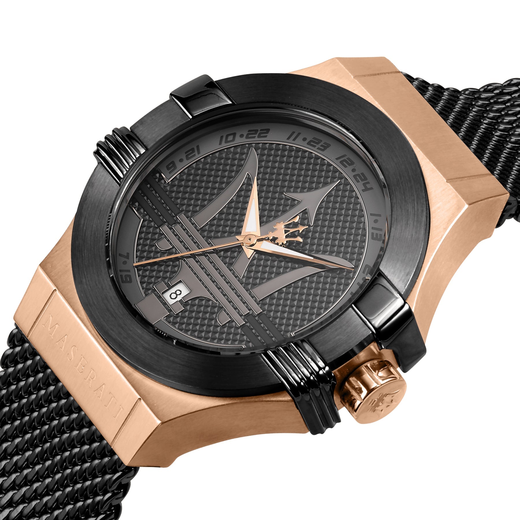 Angled view of Maserati Potenza watch showing rose gold case and black mesh strap