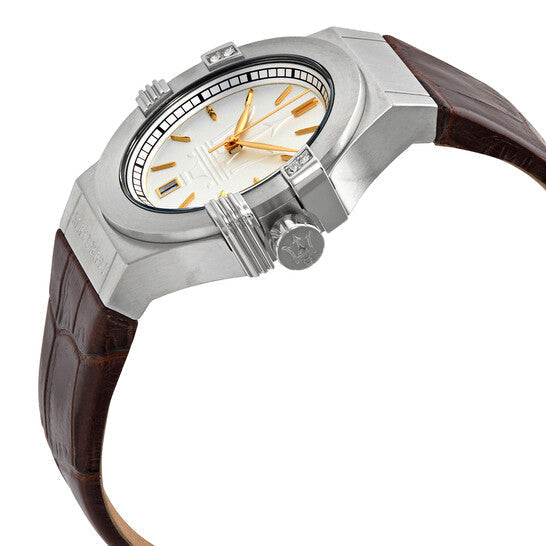 Three-quarter view of Maserati Potenza watch with silver case and brown leather band on wrist