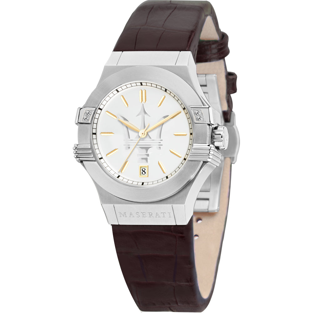 Maserati Potenza ladies watch with silver dial, gold hands, stainless steel case, and brown leather strap