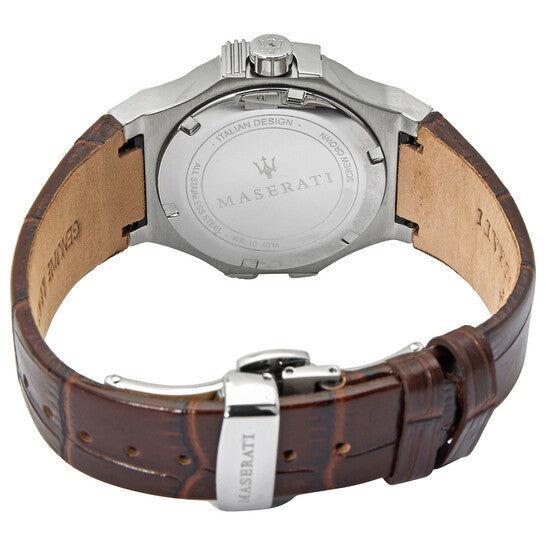 Caseback of Maserati Potenza showing stainless steel with Maserati trident logo and brown leather strap