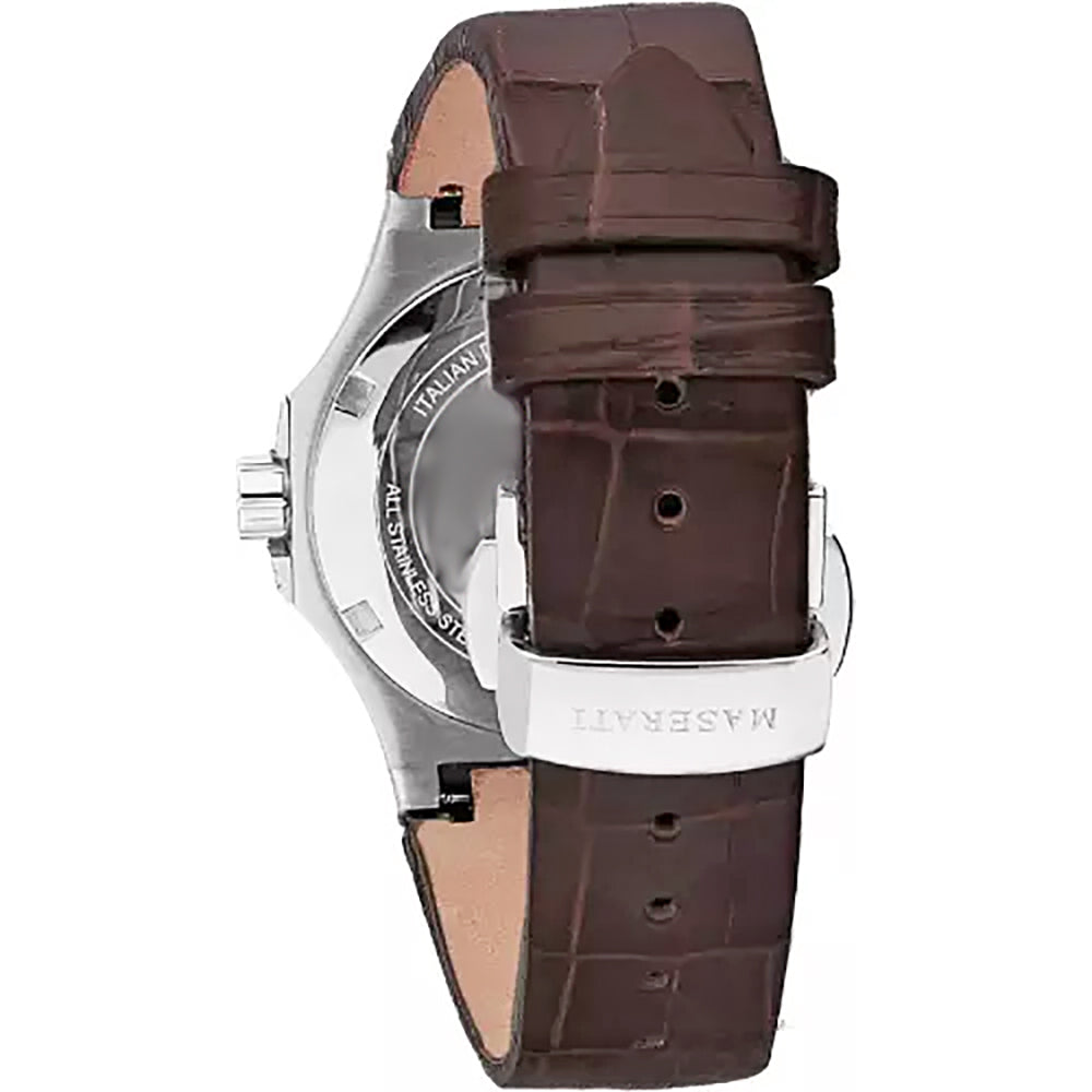 Side profile of Maserati Potenza watch showing case thickness and brown crocodile-embossed leather strap