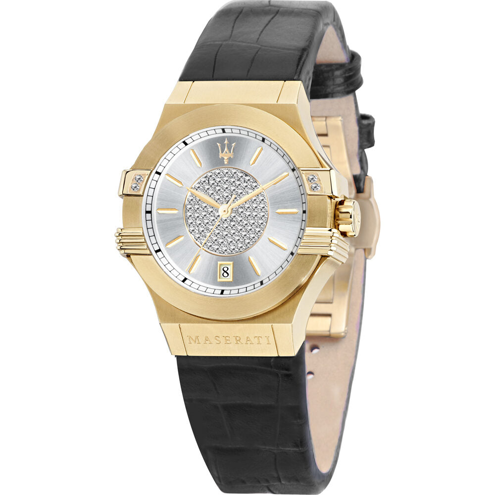 Maserati Potenza ladies watch with silver dial and gold-plated case on black leather strap