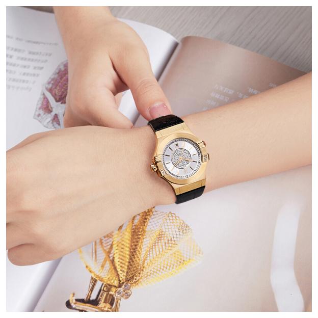Maserati Potenza ladies watch worn on wrist showing gold case and silver dial