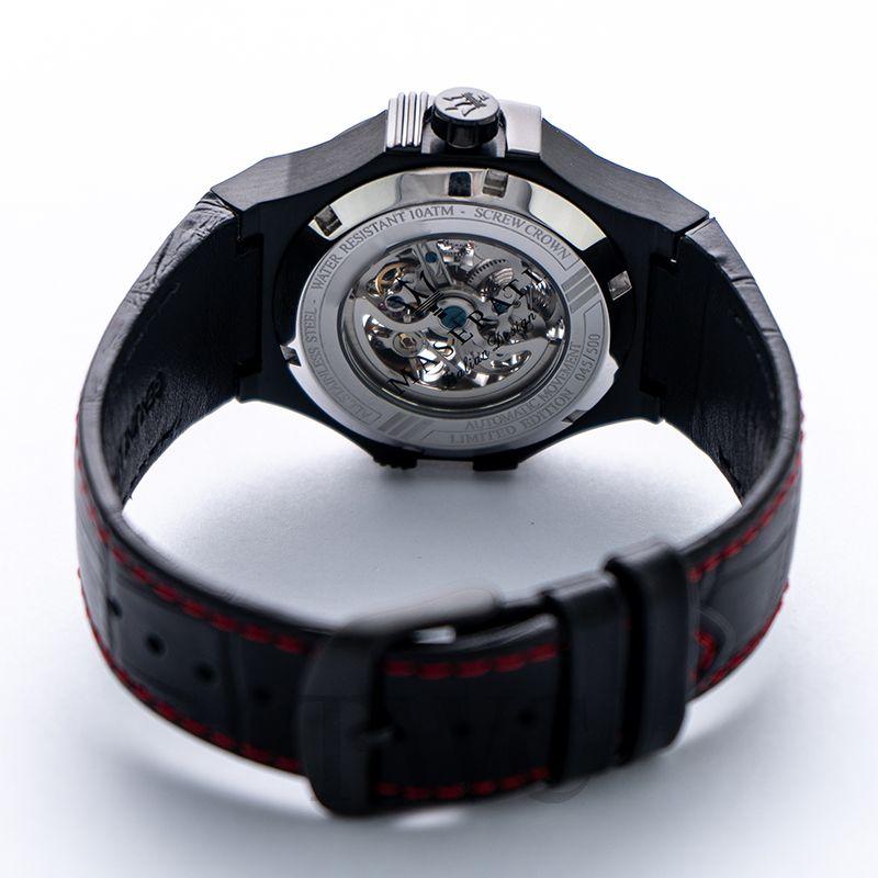 Maserati R8821108008 watch caseback showing automatic skeleton movement visible through transparent case