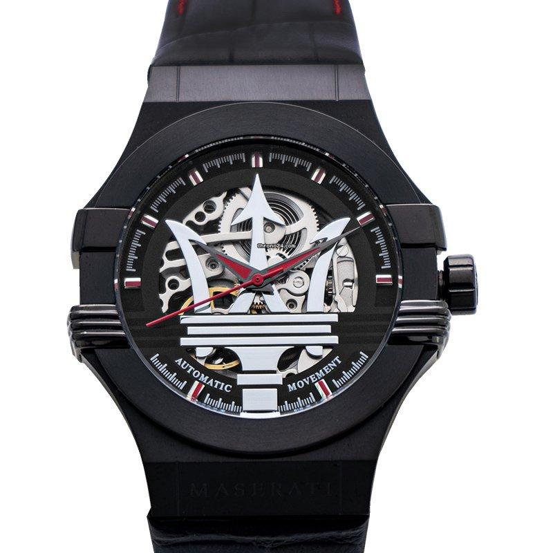 Maserati R8821108008 skeleton dial with visible automatic movement and red hands