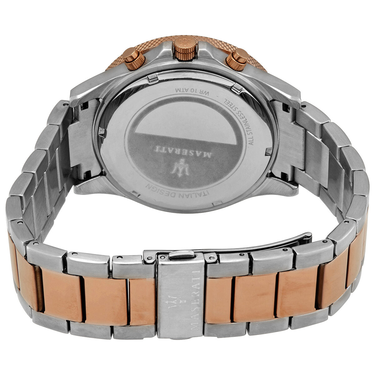 Caseback of Maserati Sfida watch showing stainless steel back with Maserati branding