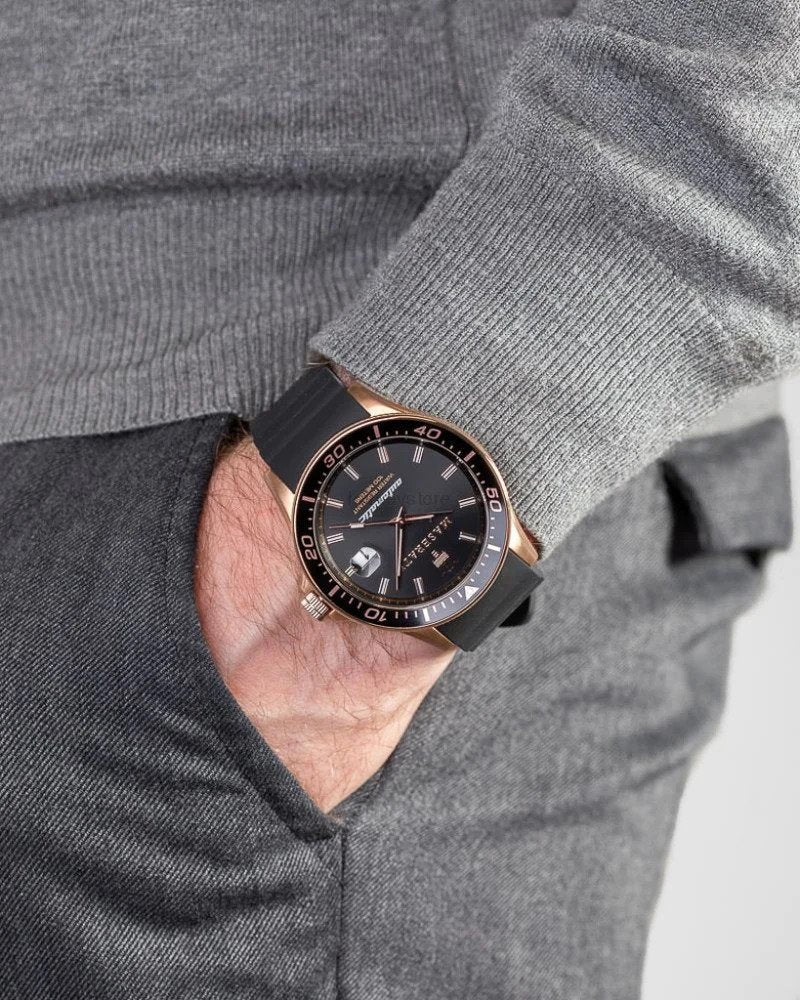 Maserati Sfida watch worn on wrist showing black dial and rose gold case