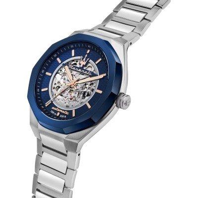 Maserati Stile Skeleton Automatic Silver Dial Two Tone Rose Gold and Silver Stainless Steel Menβs Watch R8823142004
