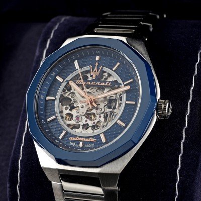 Maserati Stile Skeleton Automatic Silver Dial Two Tone Rose Gold and Silver Stainless Steel Menβs Watch R8823142004