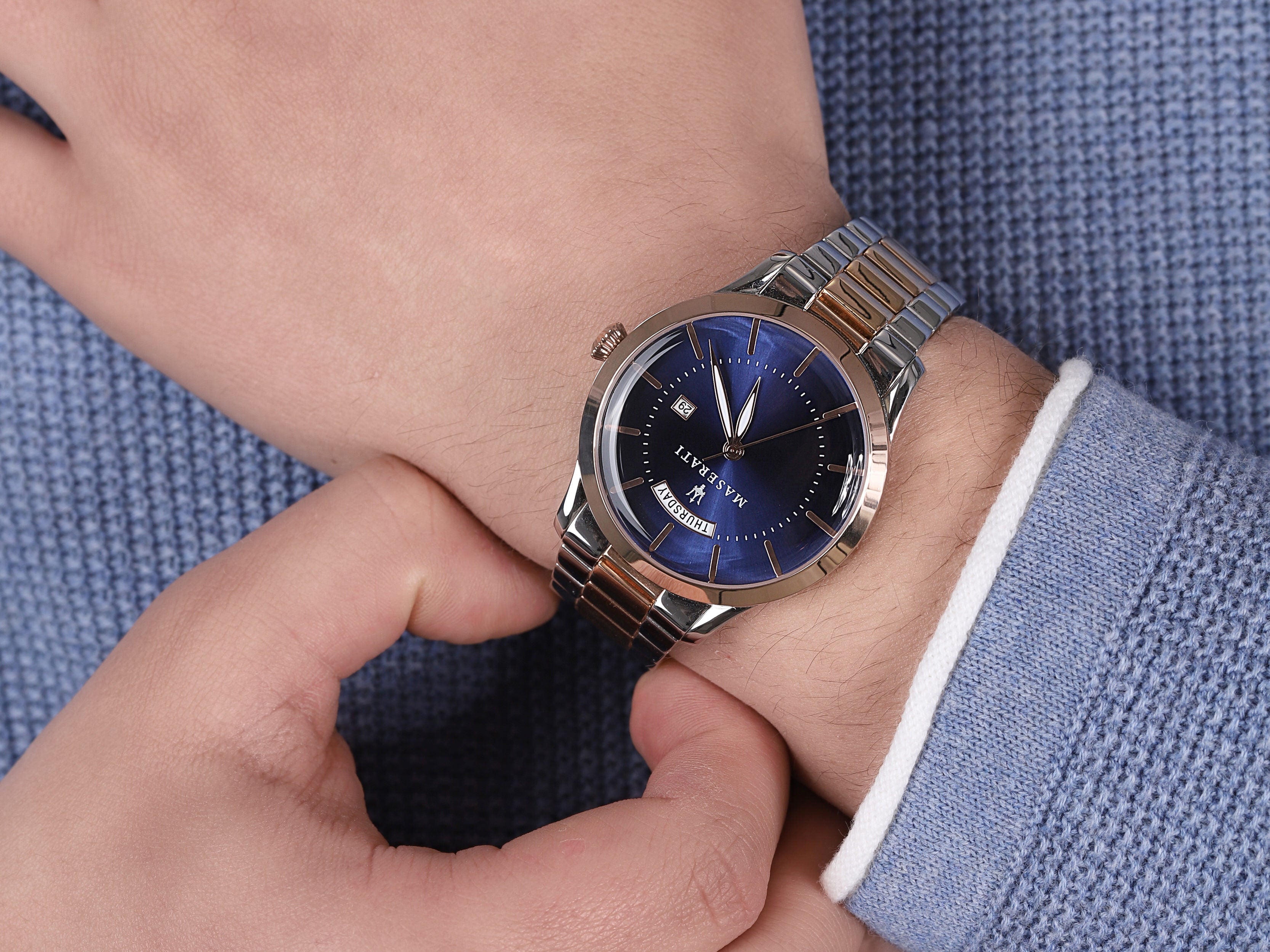 Maserati Tradizione watch worn on wrist with blue dial visible