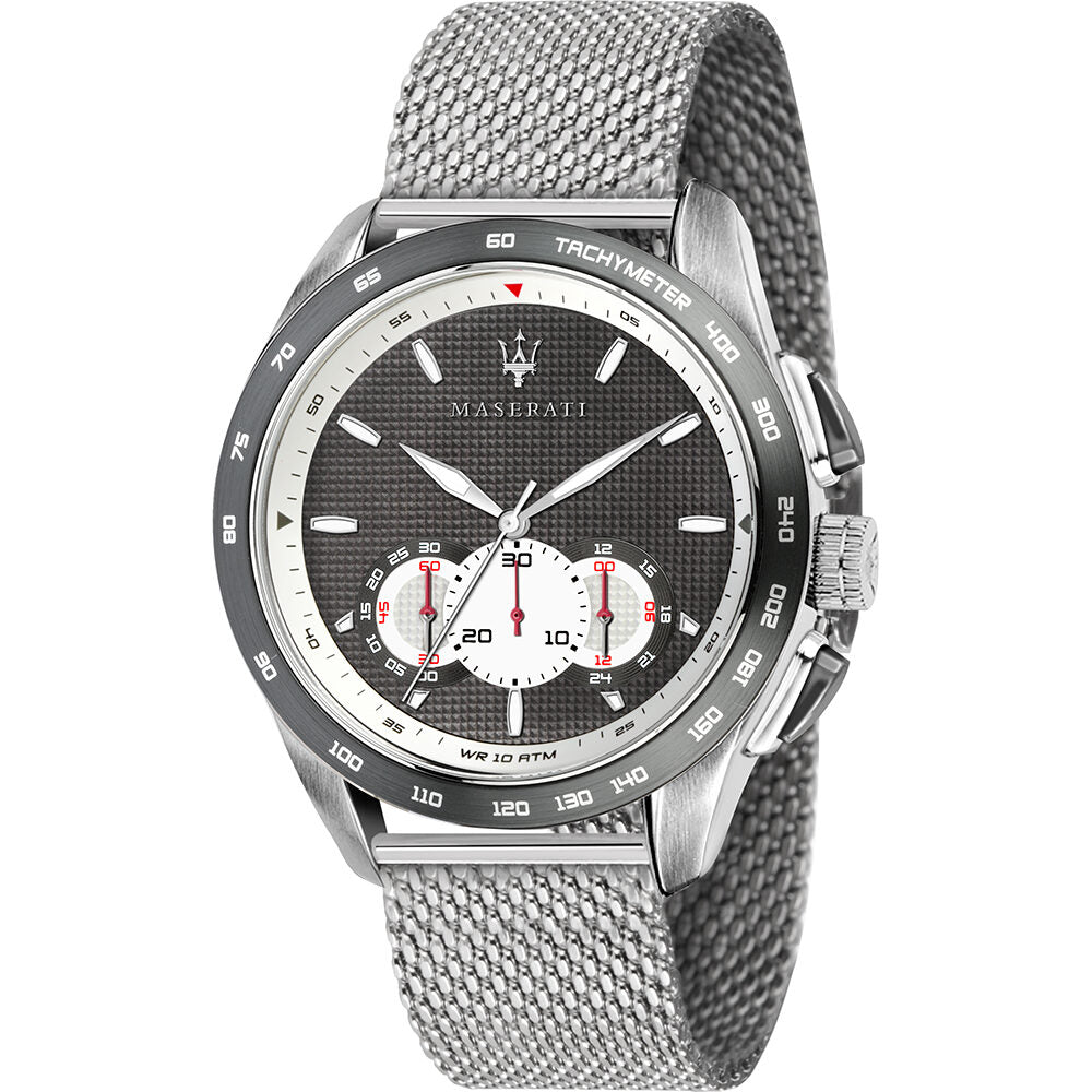 Maserati Traguardo chronograph men's watch with steel mesh band, black dial, and tachymeter bezel