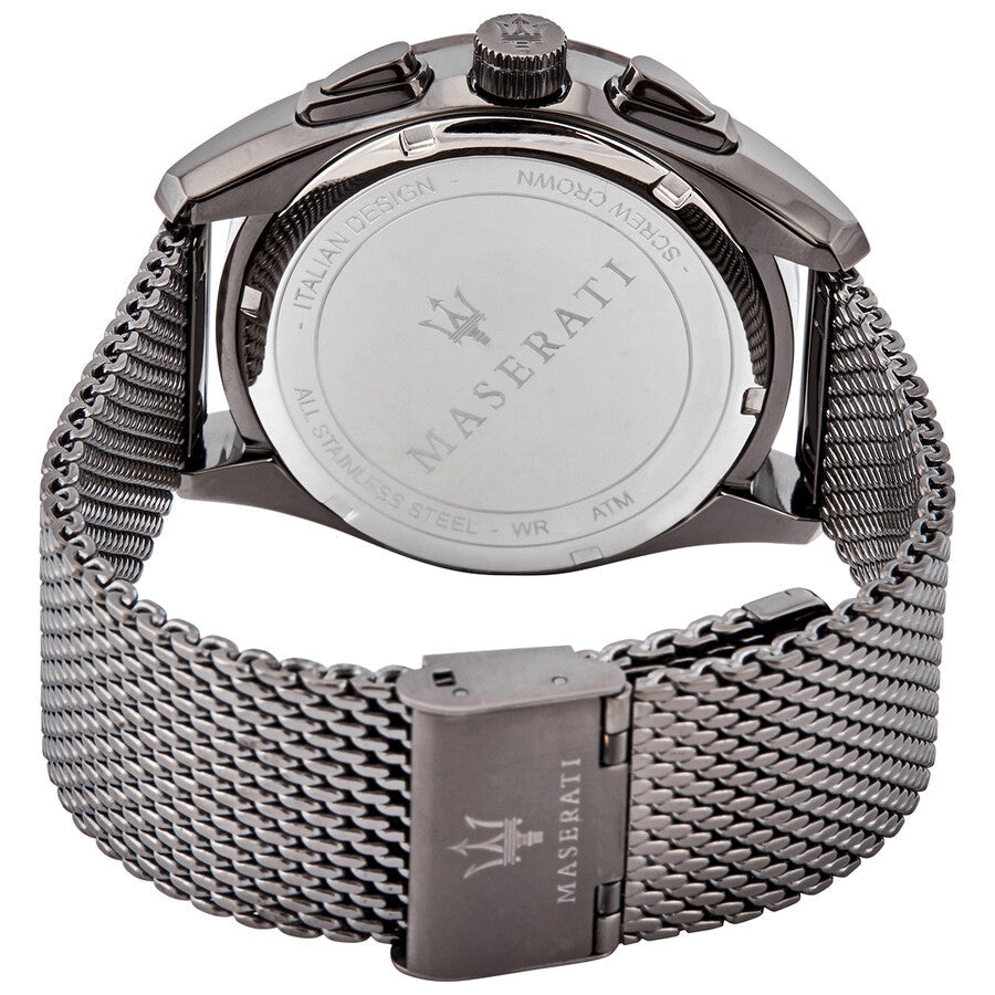 Maserati Traguardo Chronograph caseback showing stainless steel exhibition back with logo