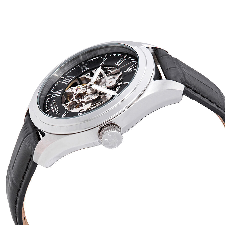 Side angle view of Maserati Traguardo watch with stainless steel case and black leather strap
