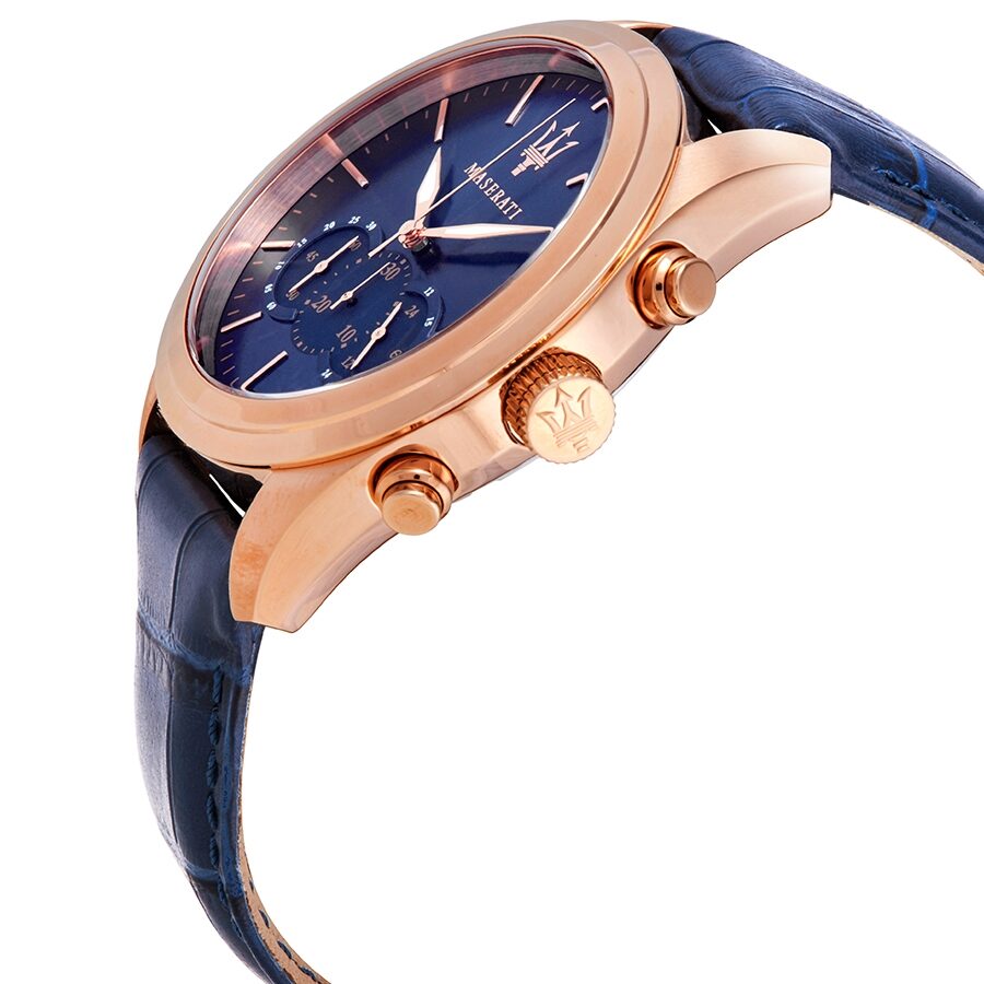 Maserati Traguardo chronograph with blue dial, rose gold case, and blue leather strap