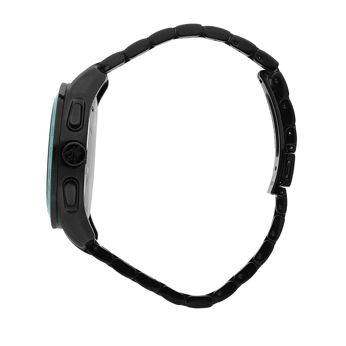 Maserati Traguardo watch side view showing black stainless steel bracelet and turquoise bezel