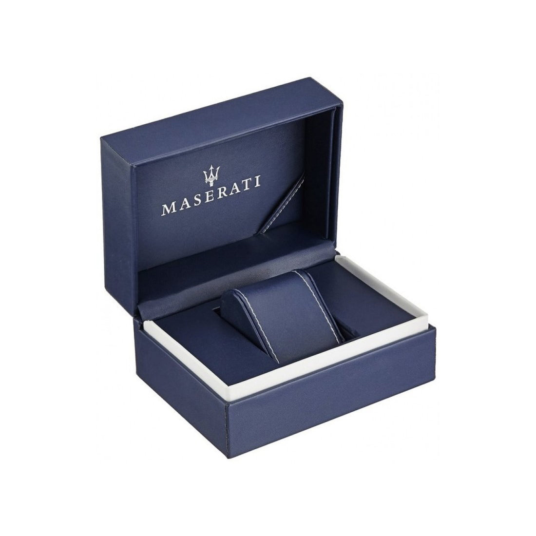 Maserati blue watch box with lid open displaying dual watch compartments