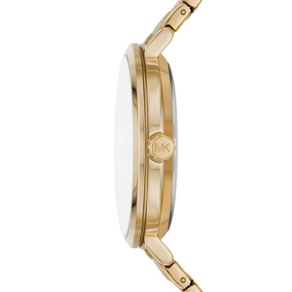 Michael Kors Addyson side profile showing gold-tone case and bracelet with MK logo