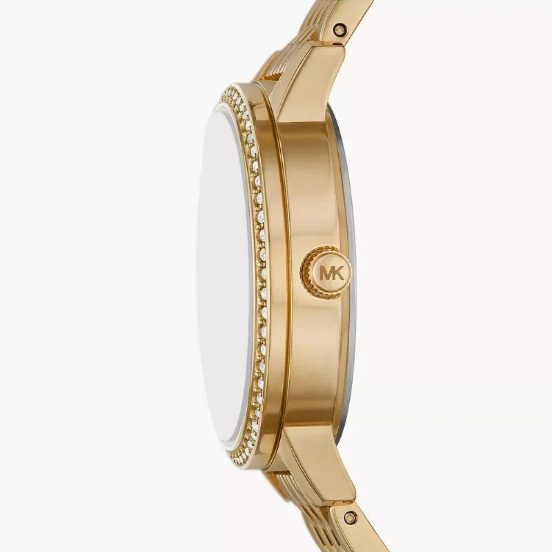 Side profile of Michael Kors Adrianna I watch showing gold-tone case, crystal bezel, and gold bracelet
