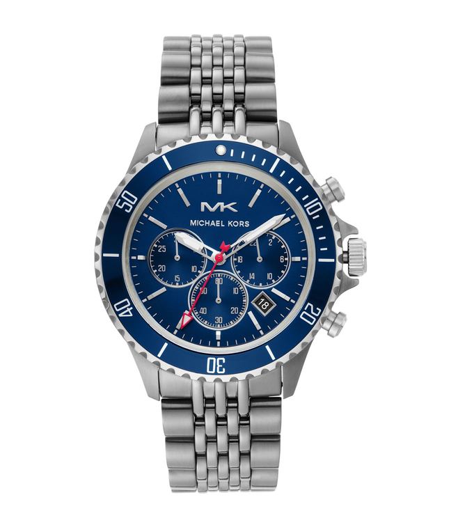 Michael Kors Bayville chronograph watch with blue dial and stainless steel bracelet