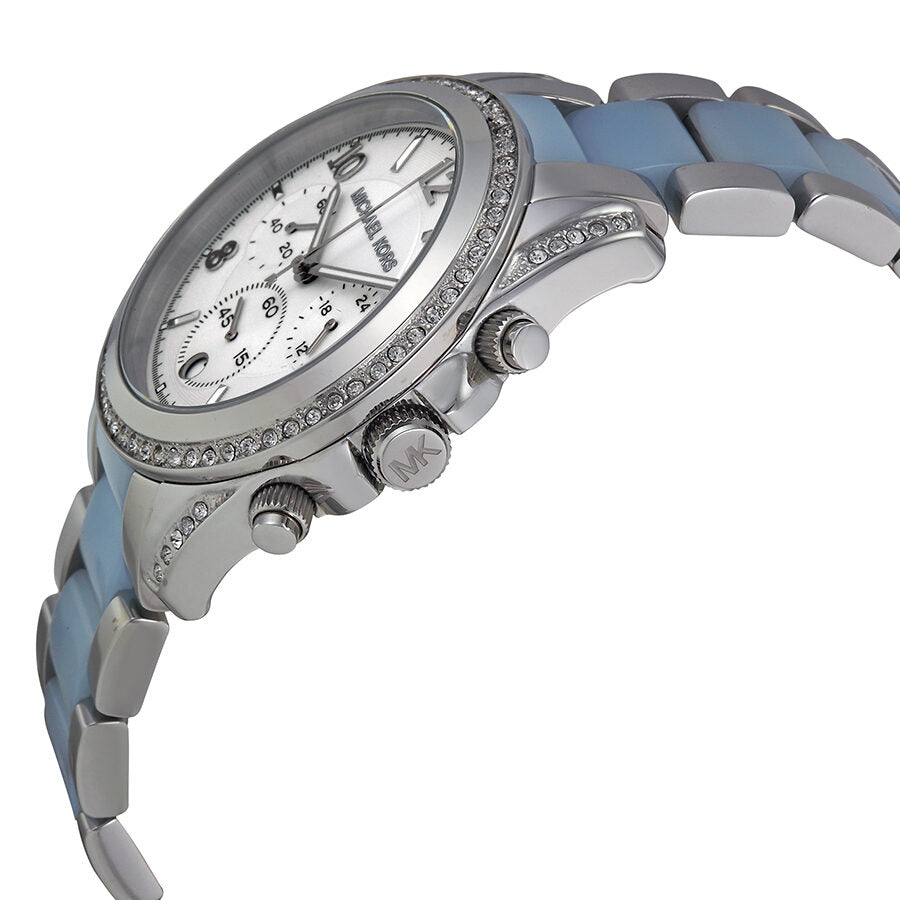 Michael Kors Blair chronograph watch angled view showing crystal bezel and blue acetate strap