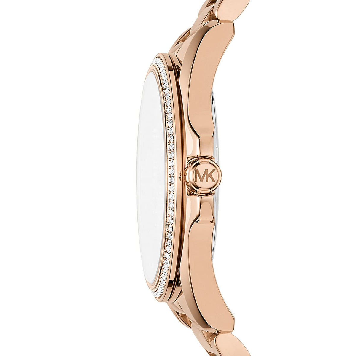 Michael Kors Bradshaw rose gold-tone watch side profile showing case thickness and crystal bezel