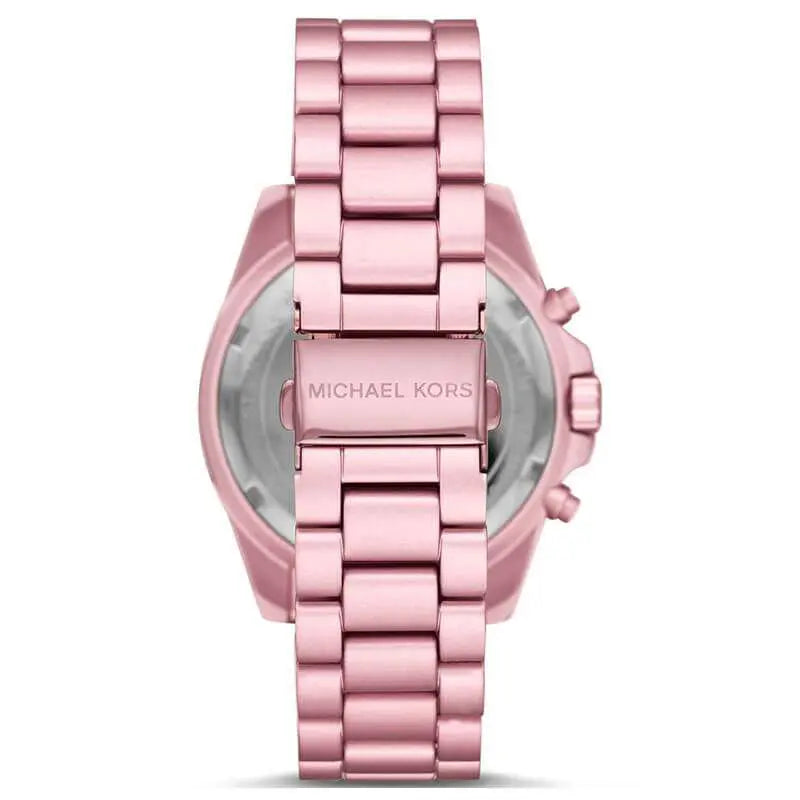 Michael Kors Bradshaw watch back view showing pink-tone stainless steel bracelet and case back