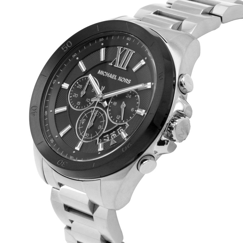 Michael Kors Brecken watch at angle showing three chronograph subdials and silver case