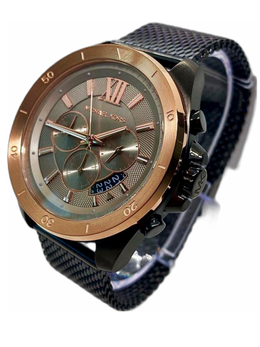 Angled view of Michael Kors Brecken MK8868 chronograph watch with black mesh strap