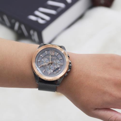 Brecken MK8868 watch on wrist showing grey dial with Roman numerals and rose gold bezel