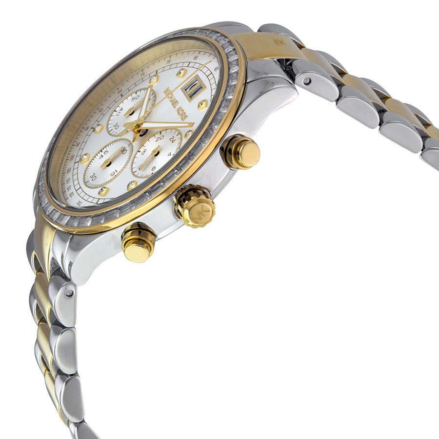 Side angle view of Brinkley chronograph showing two-tone stainless steel case and bracelet
