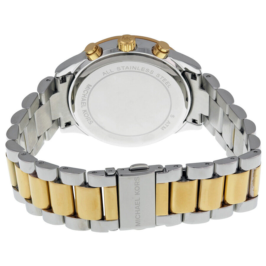 Caseback view of two-tone stainless steel bracelet with Michael Kors branding