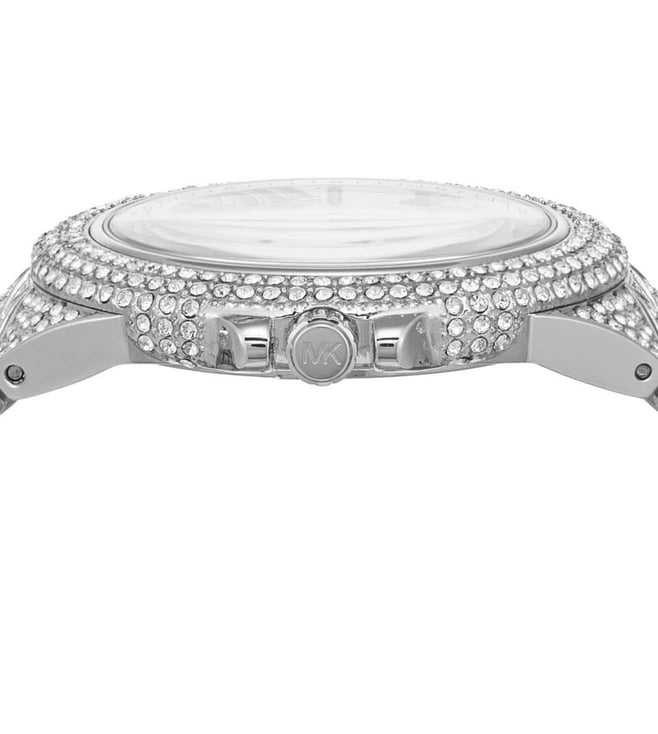 Michael Kors Camille Pavé watch side view showing crystal-set lugs and white dial