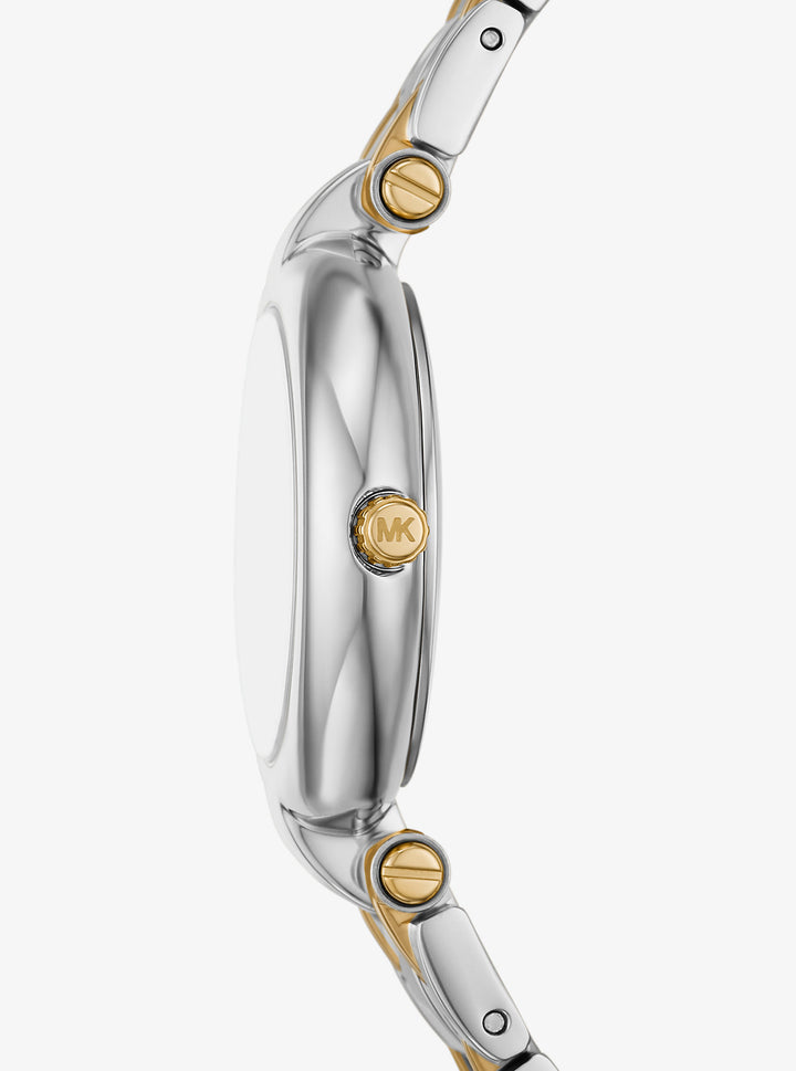 Side view of Michael Kors Charleston watch showing two-tone case and mixed metal bracelet