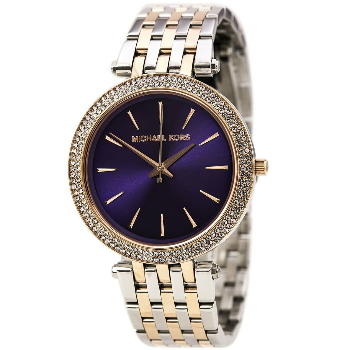 Michael Kors Darci two-tone watch with purple dial and crystal bezel