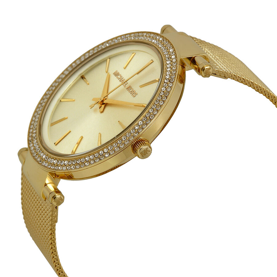 Michael Kors Darci watch gold mesh band angled view with crystal-set bezel