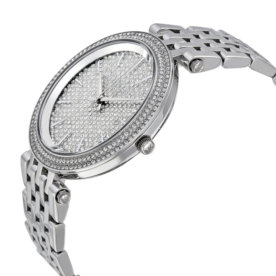 Angled view of Michael Kors Darci watch showing crystal dial and stainless steel bracelet
