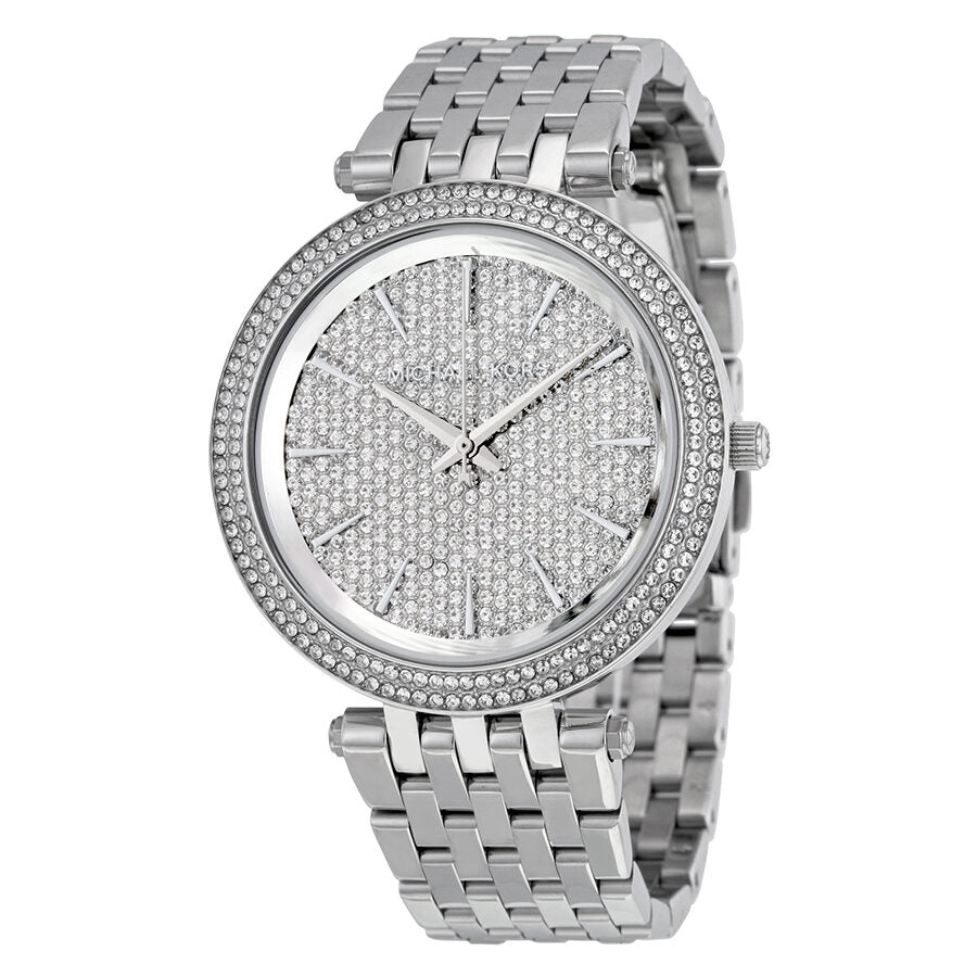 Michael Kors Darci silver-tone watch with crystal pave dial and diamond-set bezel