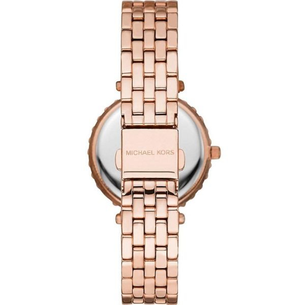 Back view of Michael Kors Darci watch showing rose gold case and bracelet closure