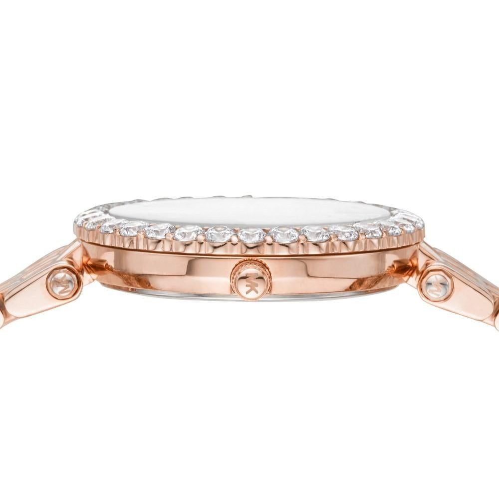 Top-down detail view of Michael Kors Darci bezel with pave crystals