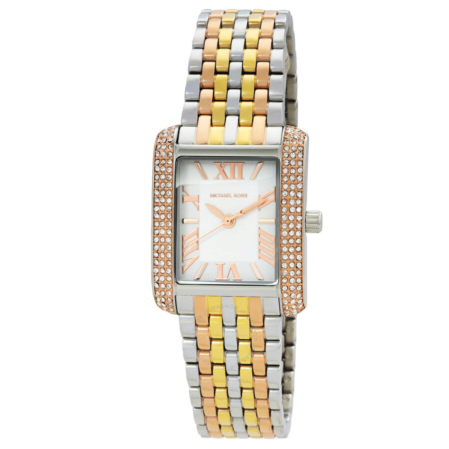 Michael Kors Emery tri-tone ladies watch with white dial, Roman numerals, and crystal-set case