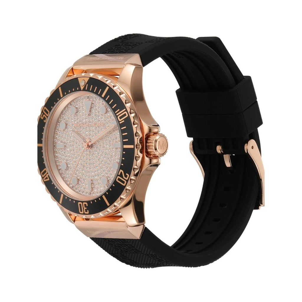 Michael Kors Everest rose gold watch angled view showing black silicone strap and bezel